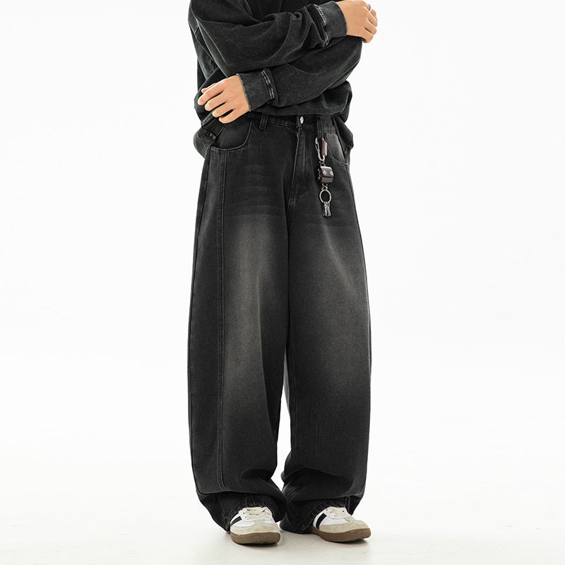 Vintage Washed Oversized Denim Pants Men Split Structure Knife Pants Trendy Loose Long Pants
