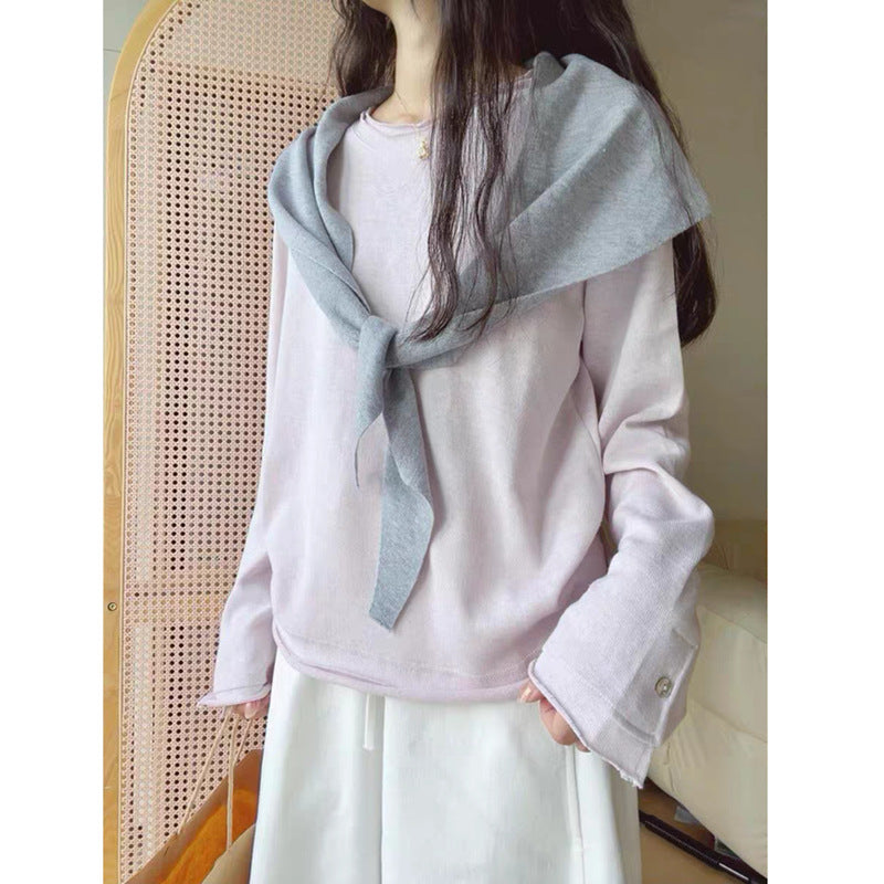 Women's Long Sleeve T-Shirt Relaxed Fit Lightweight Rolled Hem Top