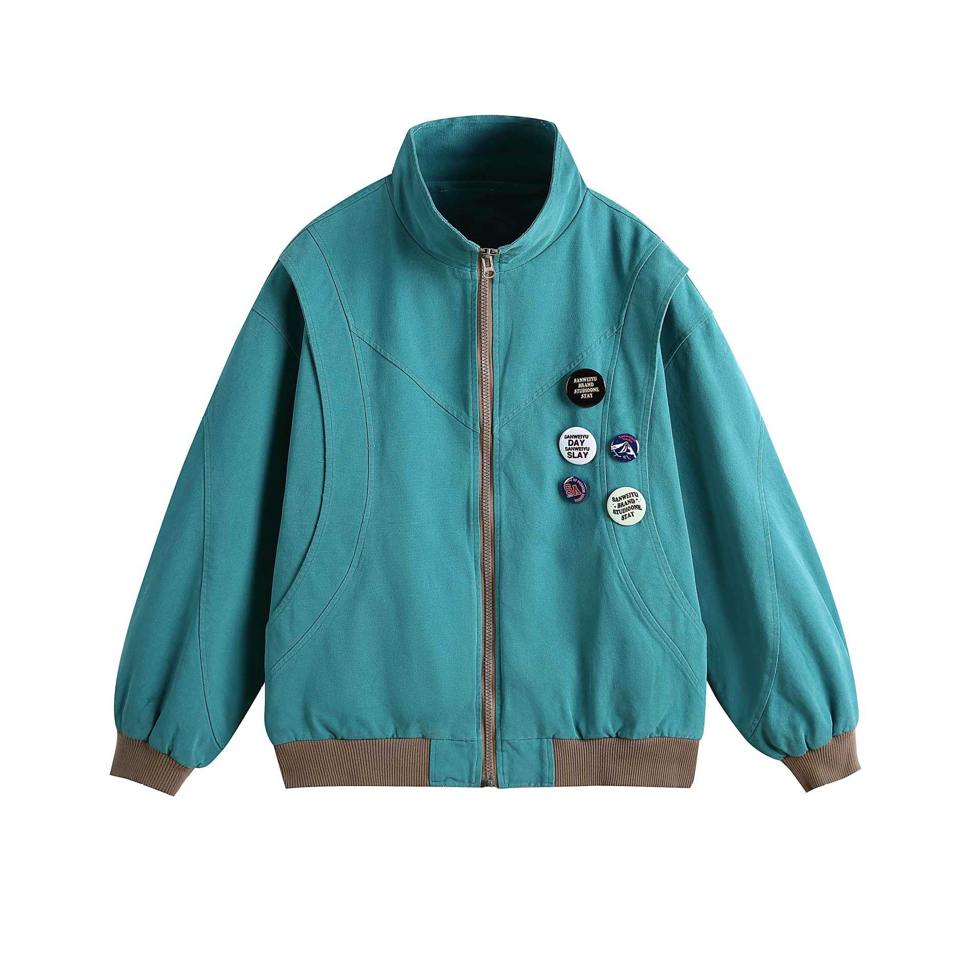 Badge Deconstructed Design Zip-Up Stand Collar Jacket for Men