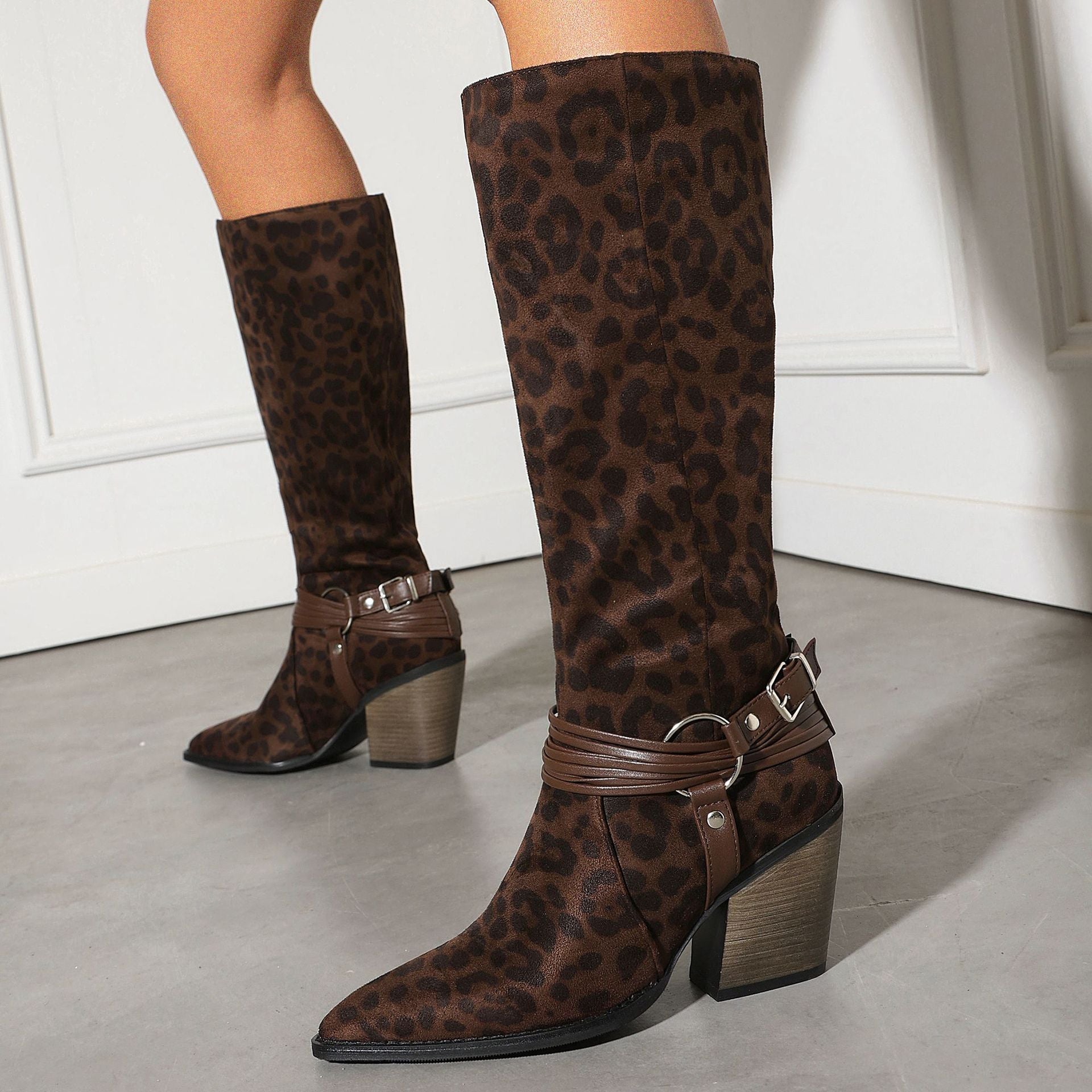 Western Style High Heel Boots for Women, Chunky Heeled, Pointed Toe, Over-the-Knee, Belt Buckle Detail Made to order, ships in 7 days