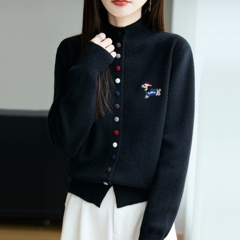 High Neck Colorful Button Loose Cardigan Sweater for Women Open Front Sweater