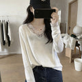 Casual Lace Splicing Long Sleeve V-Neck Women's T Shirt