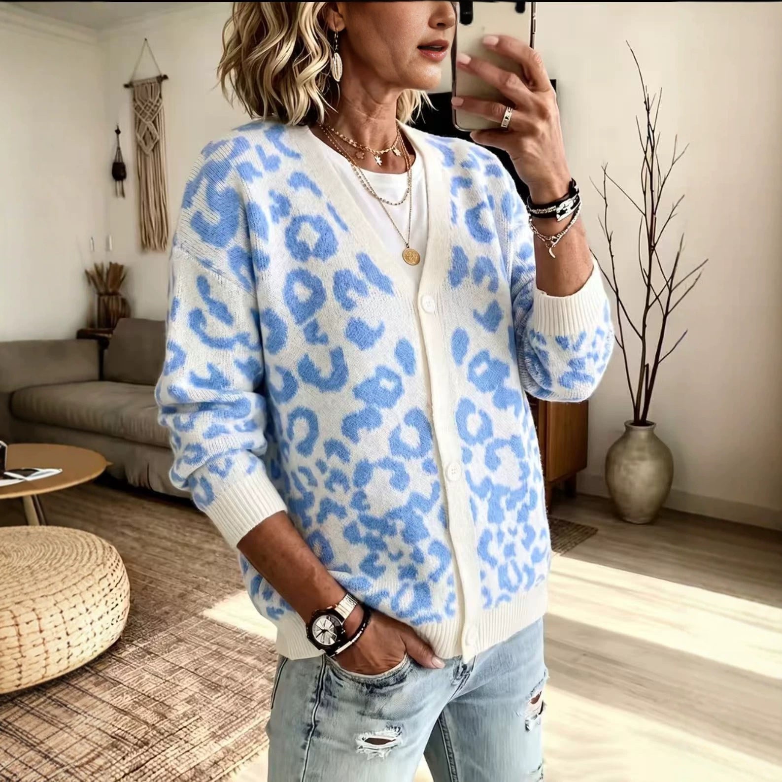 Loose leopard print knit cardigan jacket