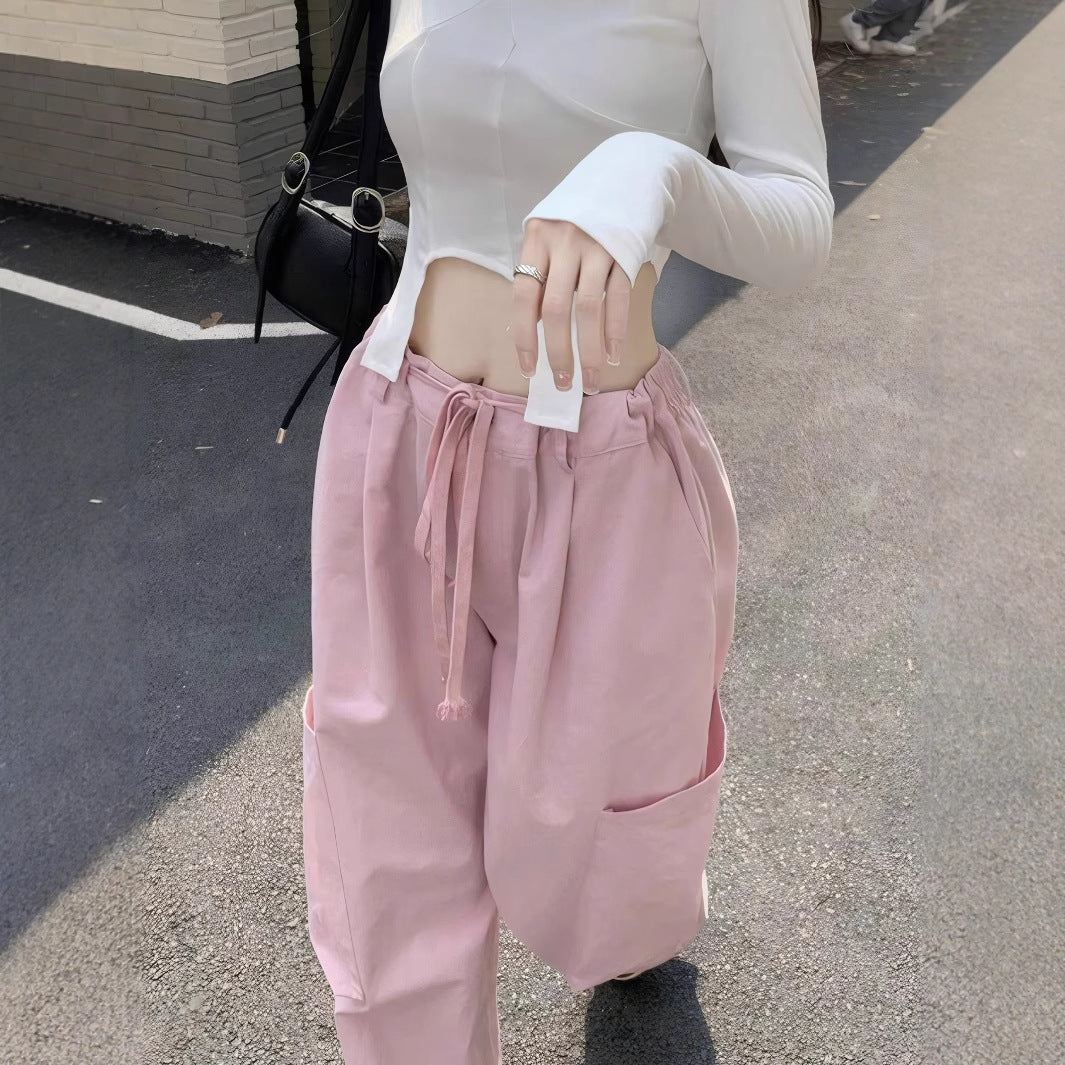 High waisted lace up multi pocket straight leg pants