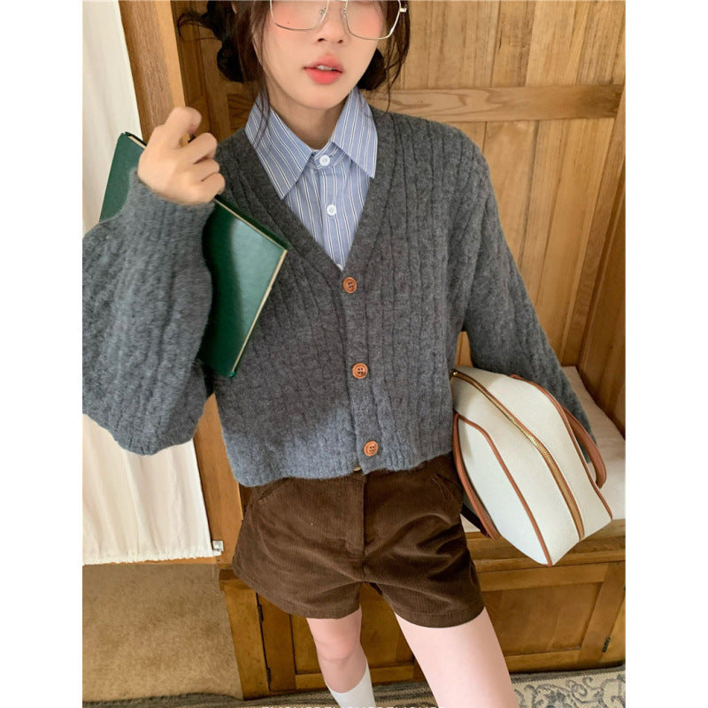 Short Knit Cardigan for Women, V-Neck Slim Fit Long Sleeve Sweater Top