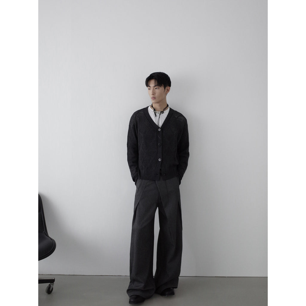 Vintage High-Intellect Design Pleated Trousers Clean Fit Drape Casual Pants Loose Wide-Leg Long Pants
