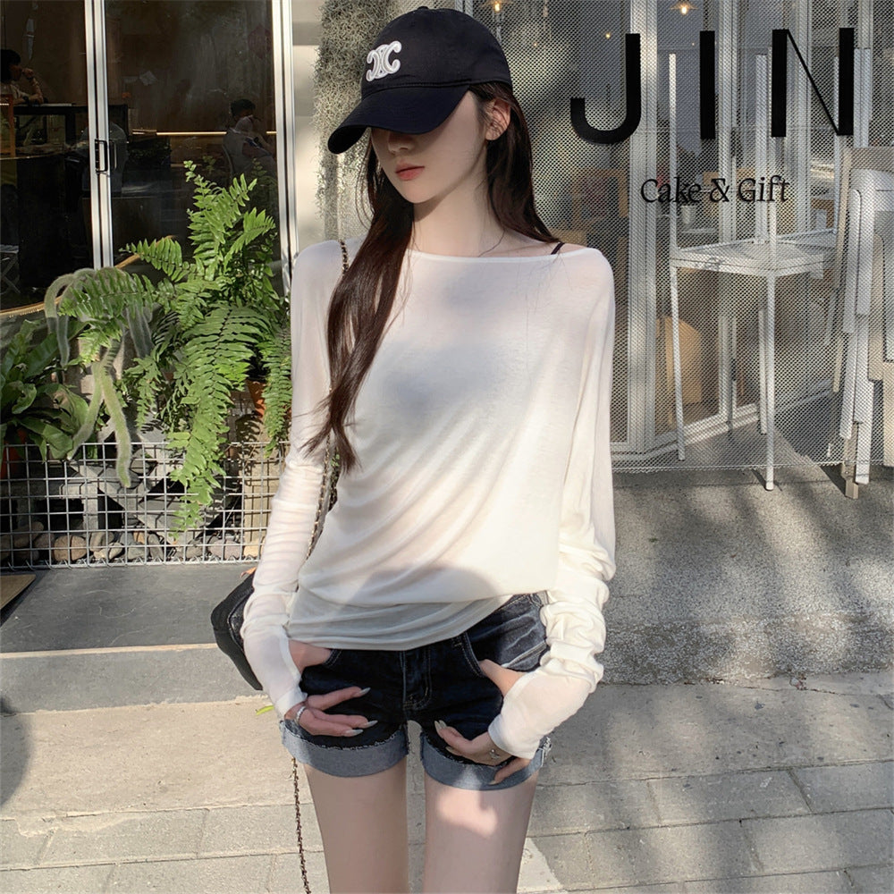 White Long Sleeve Batwing Asymmetrical Neck Loose Fit Lightweight Women's Sun Protection Top
