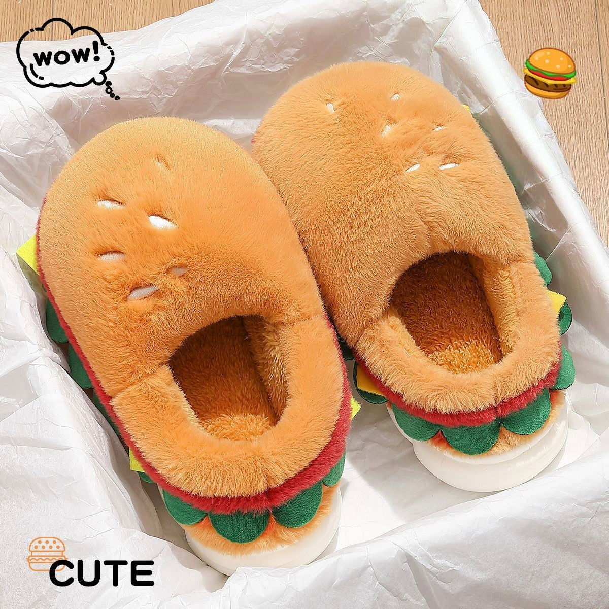 Cartoon Hamburger Cotton Shoes Women Winter New Cute Outdoor Wear Warm Home Slip-Resistant Fleece-Lined Thick Soft Sole Cotton Slippers