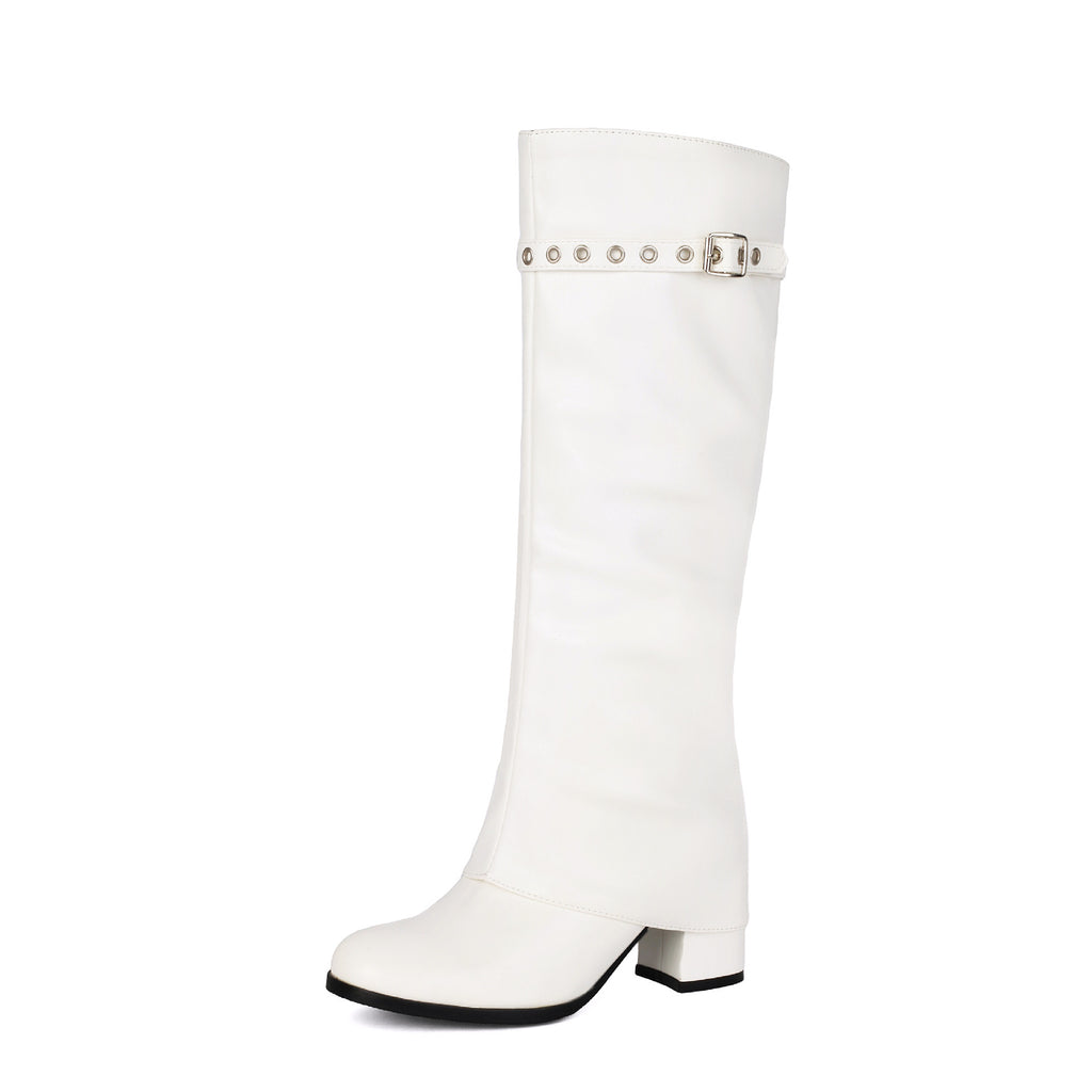 High Heel Chunky Large Size Slip-On Combat Boots for Women