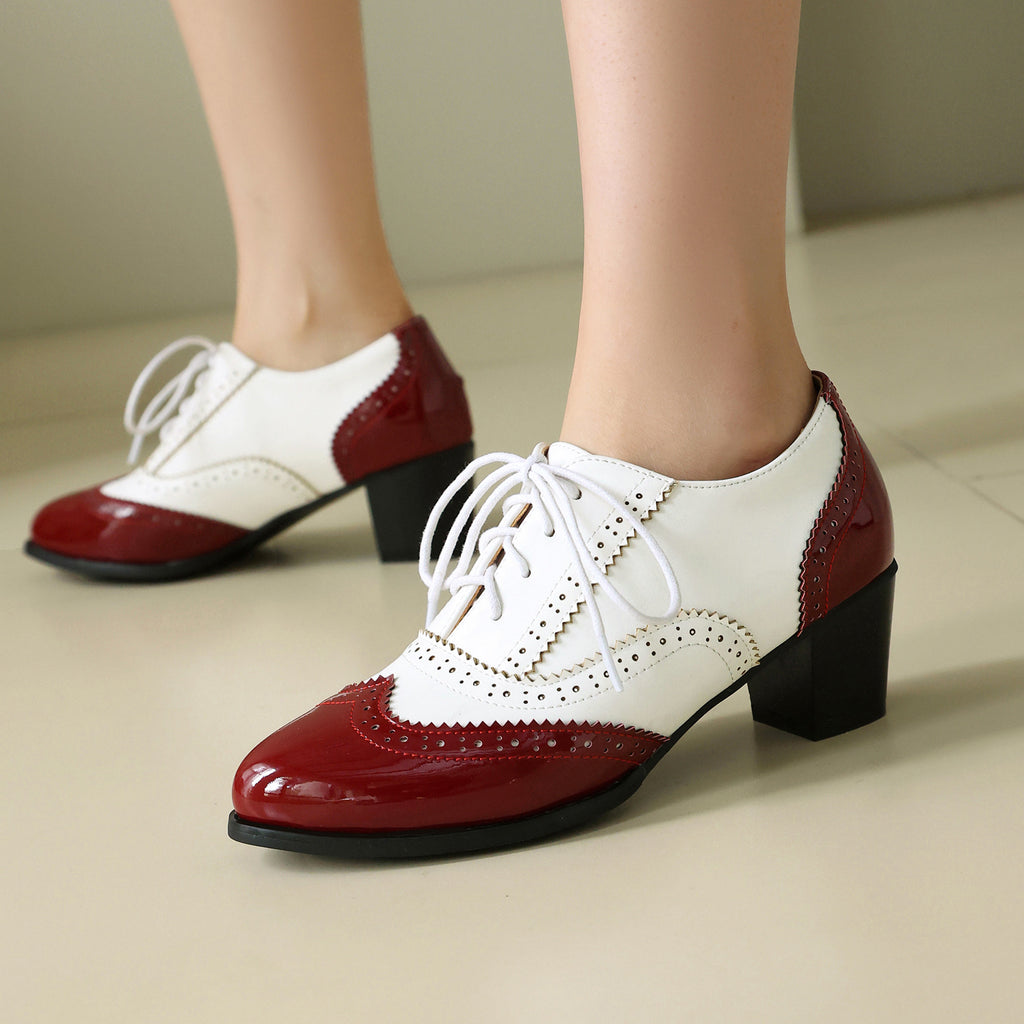 Autumn/Winter High Heel Chunky Heel Color Block Burnt Flower Front Lace-Up Brogue Shoes Made to order, ships in 7 days