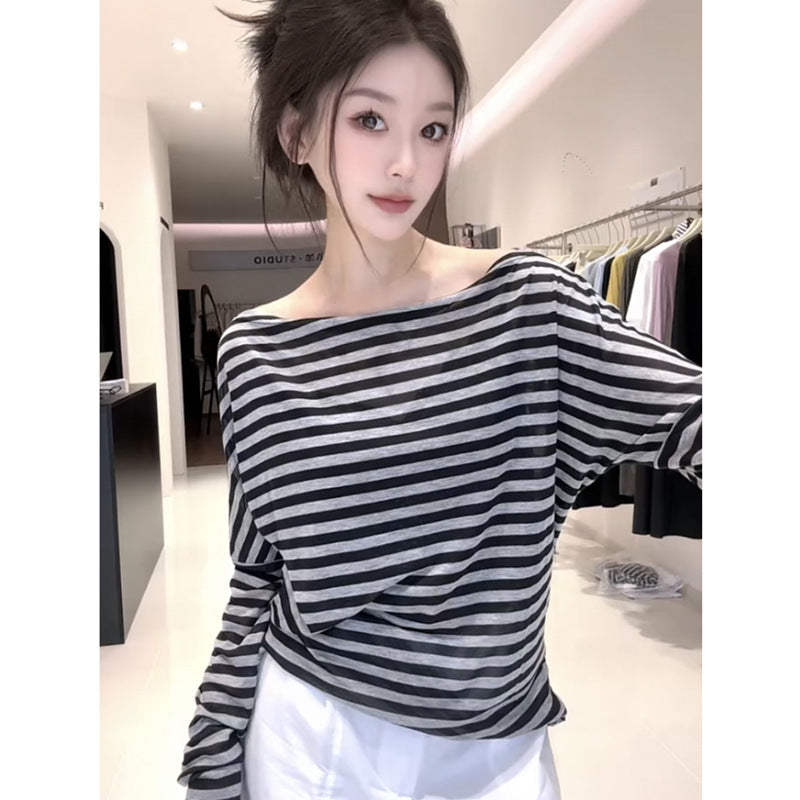 Women's Striped Off-Shoulder Long Sleeve Top - Loose Fit Premium Casual Tee for Early Autumn