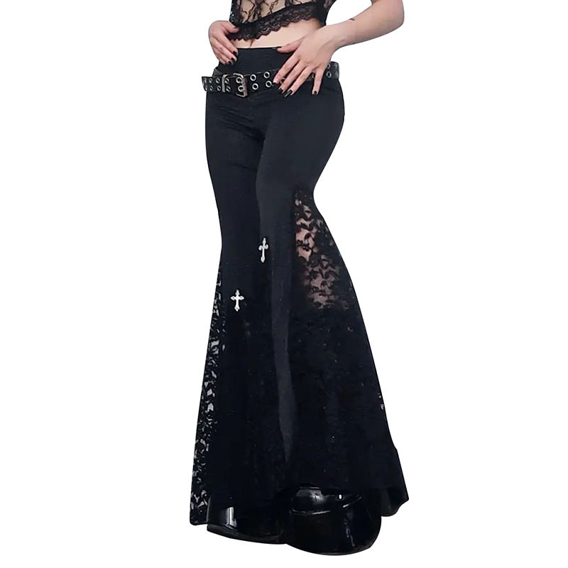 High Waist Lace Cut-Out Black Flared Long Pants Dark Punk Style Straight Leg Trousers