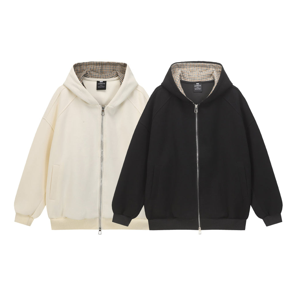 Loose Plaid Patchwork Hooded Double-Zipper Open Front Hoodie for Men
