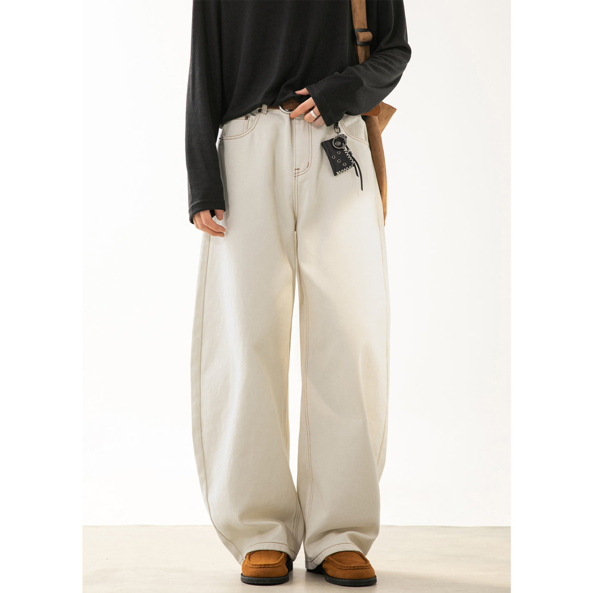 Twill texture knife-cut casual pants for men, autumn straight-leg loose color-blocked topstitching retro long pants