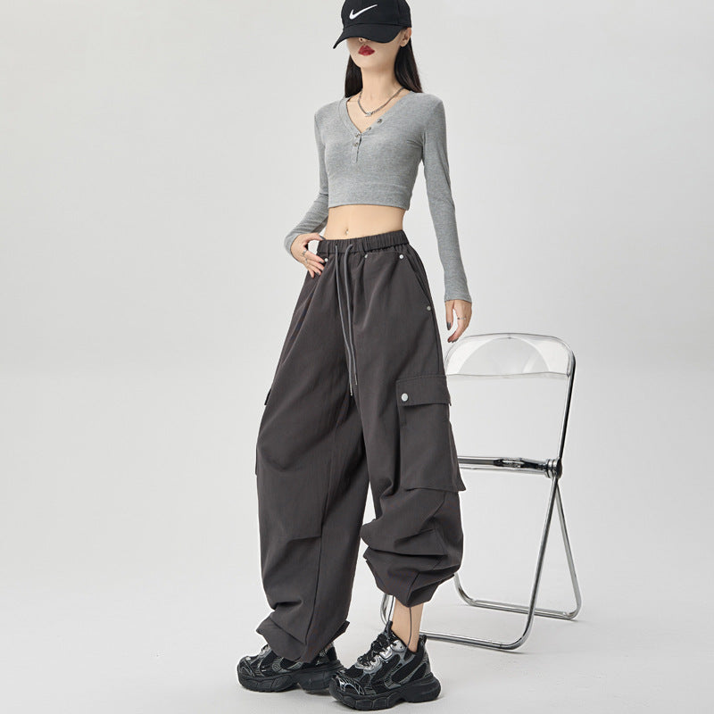 Hiking cargo pants for women, new loose casual wide-leg pants, autumn outdoor washed cotton high-waisted sport pants for women