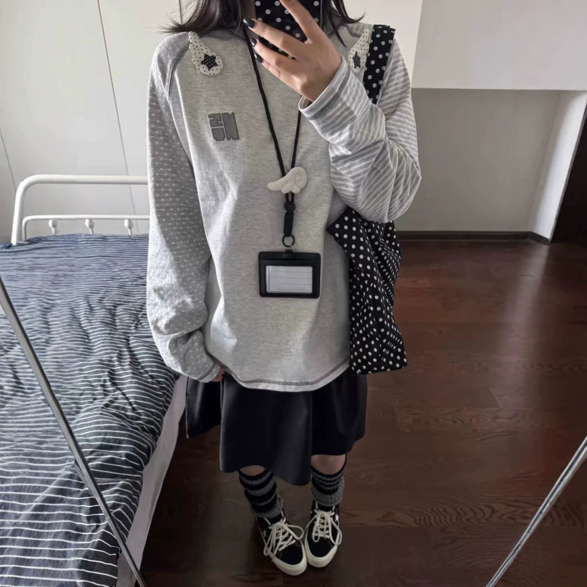 Polka Dot Stripe Angel Wing Print Long Sleeve Women's T-Shirt