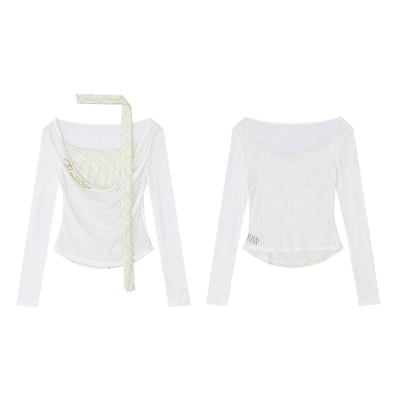 Fake two checkered one shoulder long sleeved tops
