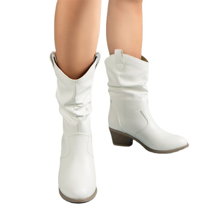 Comfortable Round Toe Stack Boots for Women, Summer Stylish Heeled Western Cowboy Boots