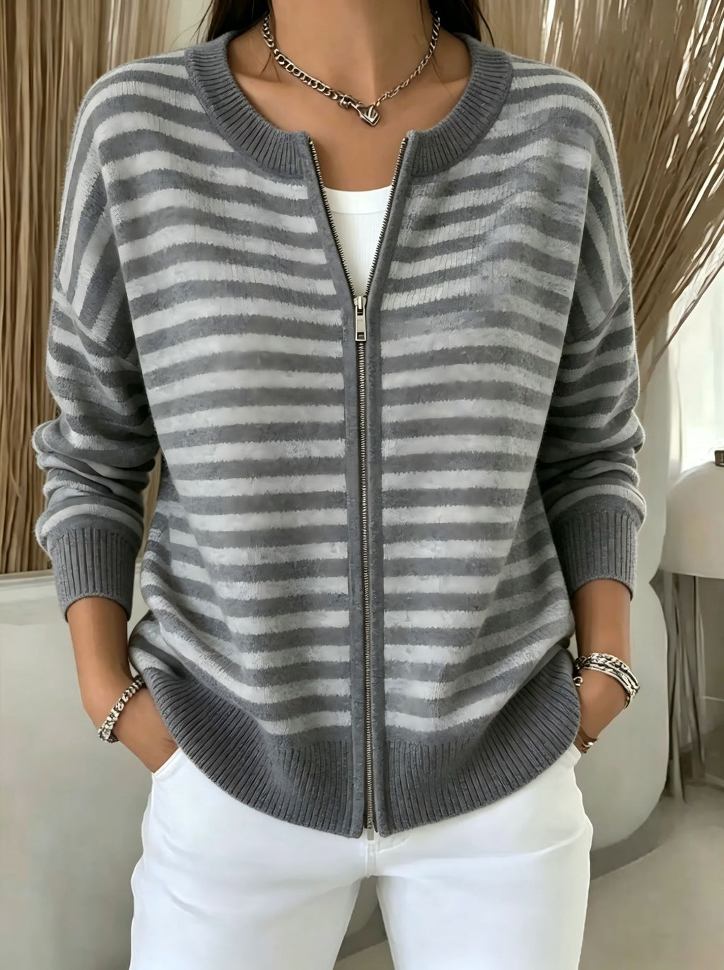 Striped zipper knitted cardigan for women