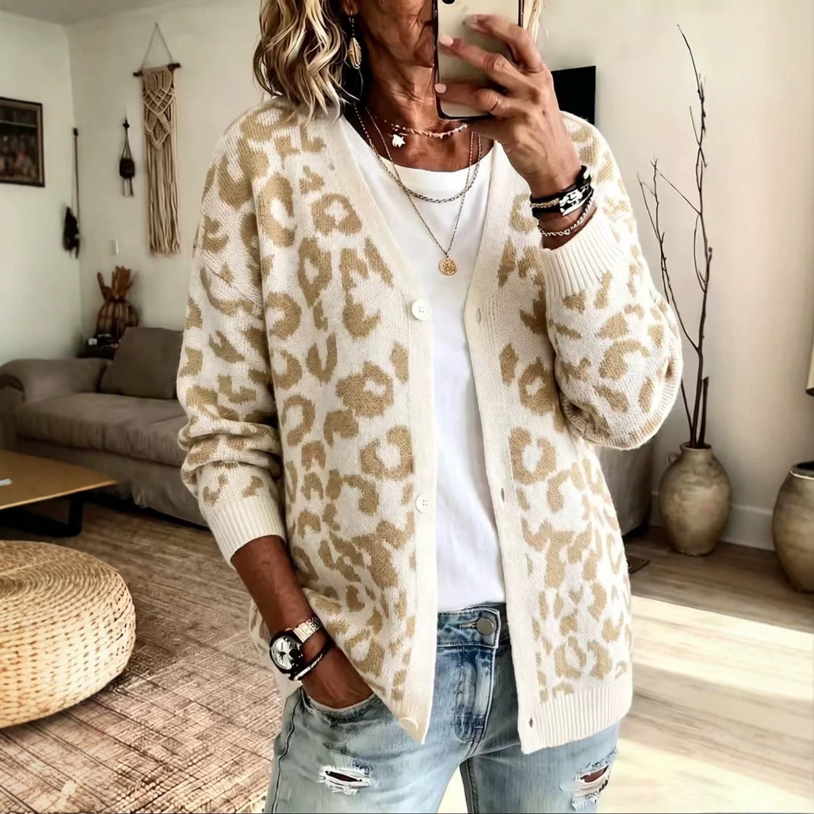Loose leopard print knit cardigan jacket