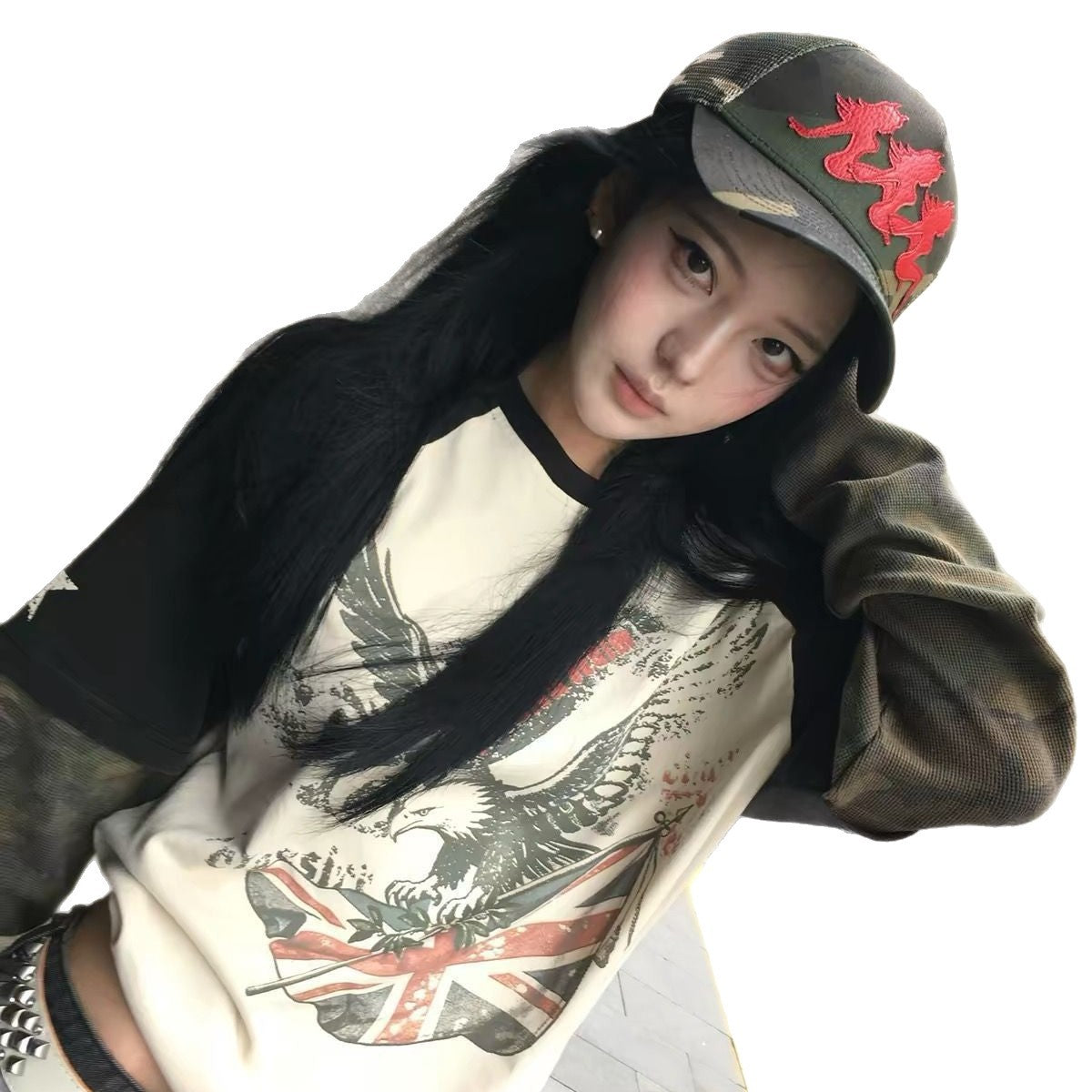 Street Vintage Camo Flag Patchwork Long Sleeve Printed T-Shirt