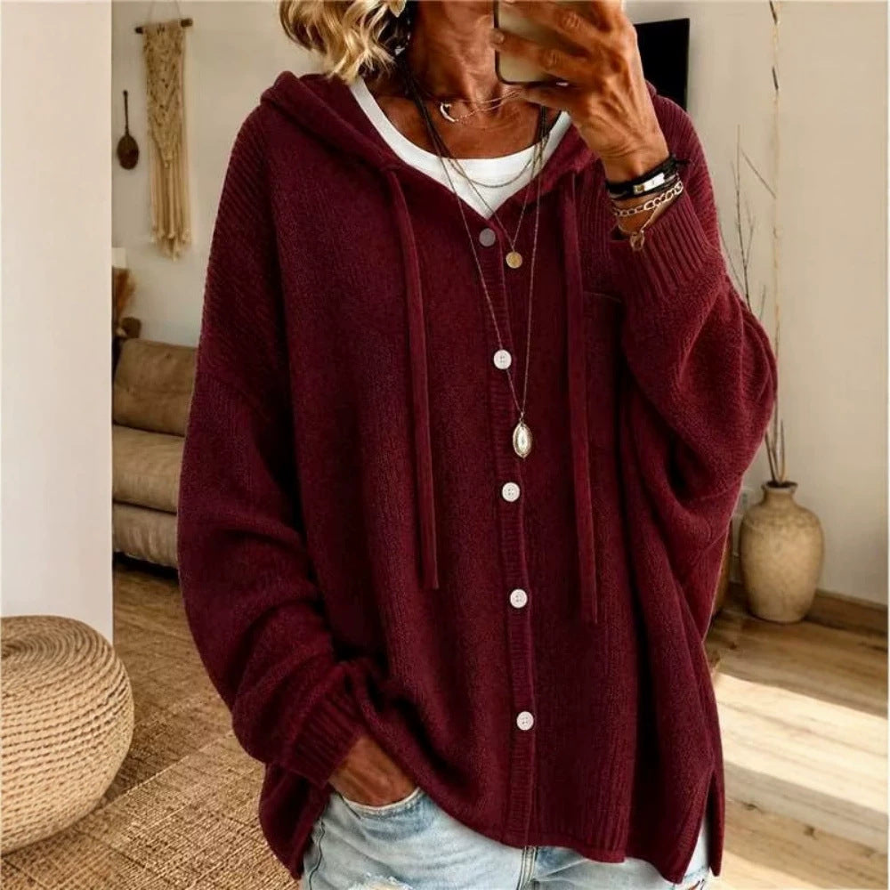 Button knit hooded sweater cardigan jacket