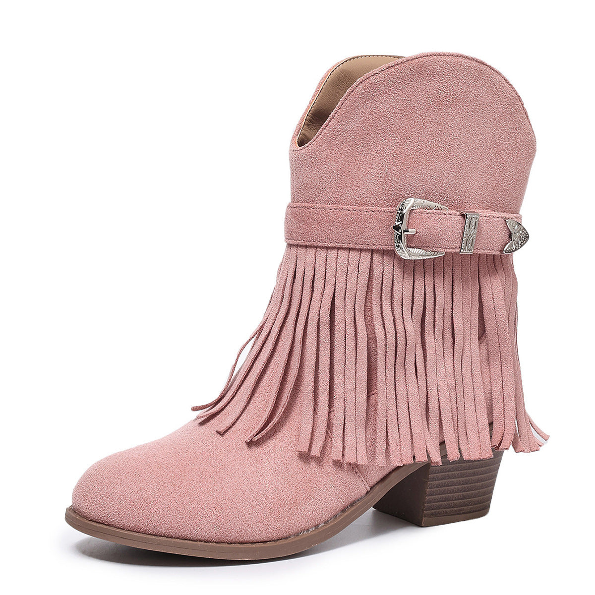 Western Style Fringe Ankle Boots for Women, Chunky Heel, Thick Sole, Belt Buckle, Leather Boots, Summer Fashion, Slip-On Design