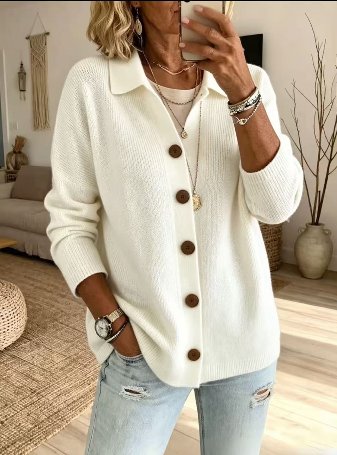 Button knit lapel sweater cardigan jacket