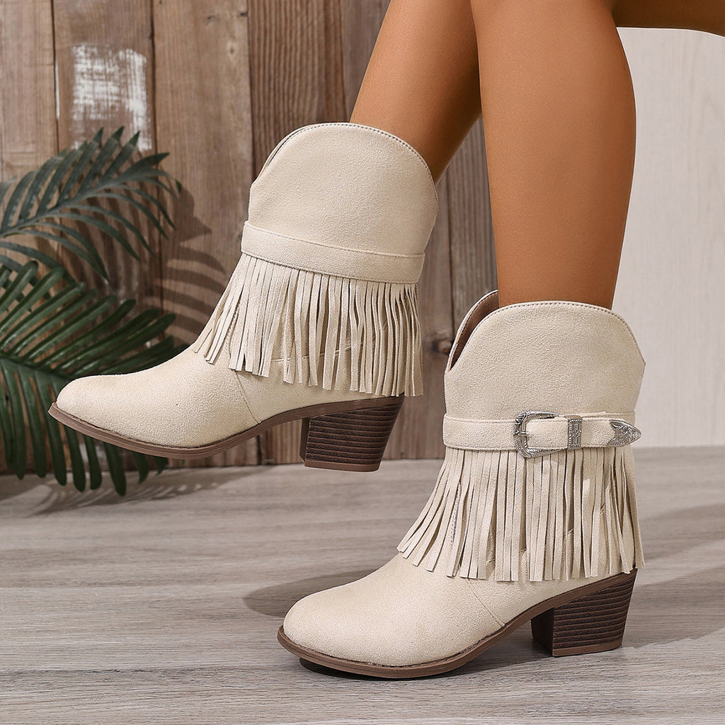 Western Style Fringe Ankle Boots for Women, Chunky Heel, Thick Sole, Belt Buckle, Leather Boots, Summer Fashion, Slip-On Design