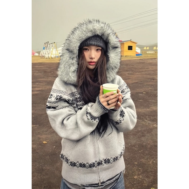 Fel Island fur collar hooded sweater jacket for women
