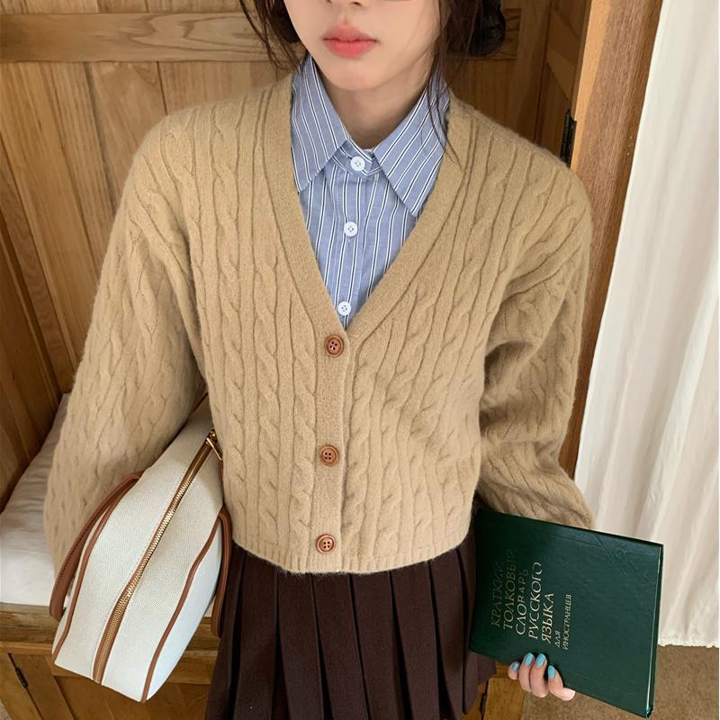 Short Knit Cardigan for Women, V-Neck Slim Fit Long Sleeve Sweater Top