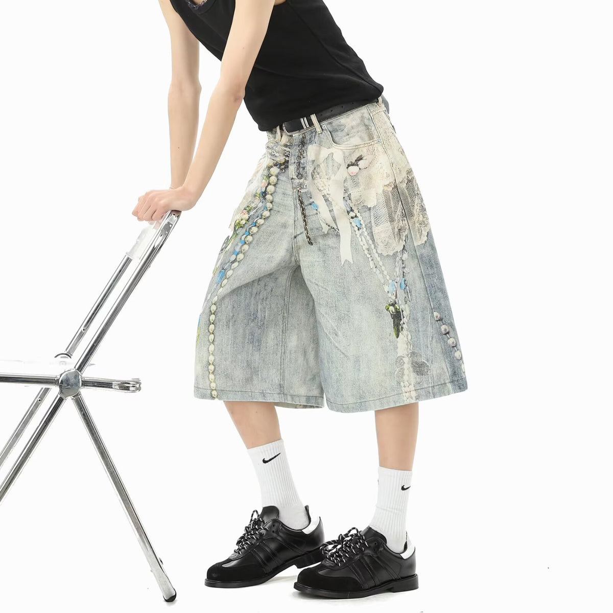 3D Print Denim Shorts Unisex Loose Wide Leg Straight Cut Capri Pants