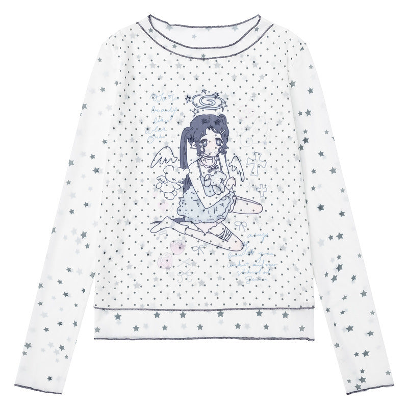 Mesh long sleeved T-shirt with light yellow background printed with small stars