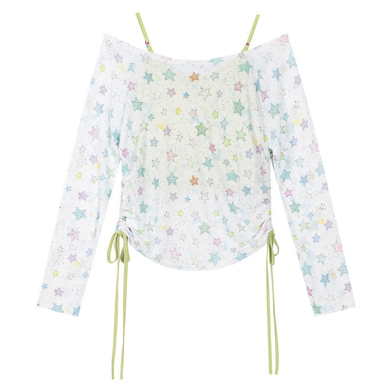 Dopamine colored star long sleeved two-piece top t-shirt for women