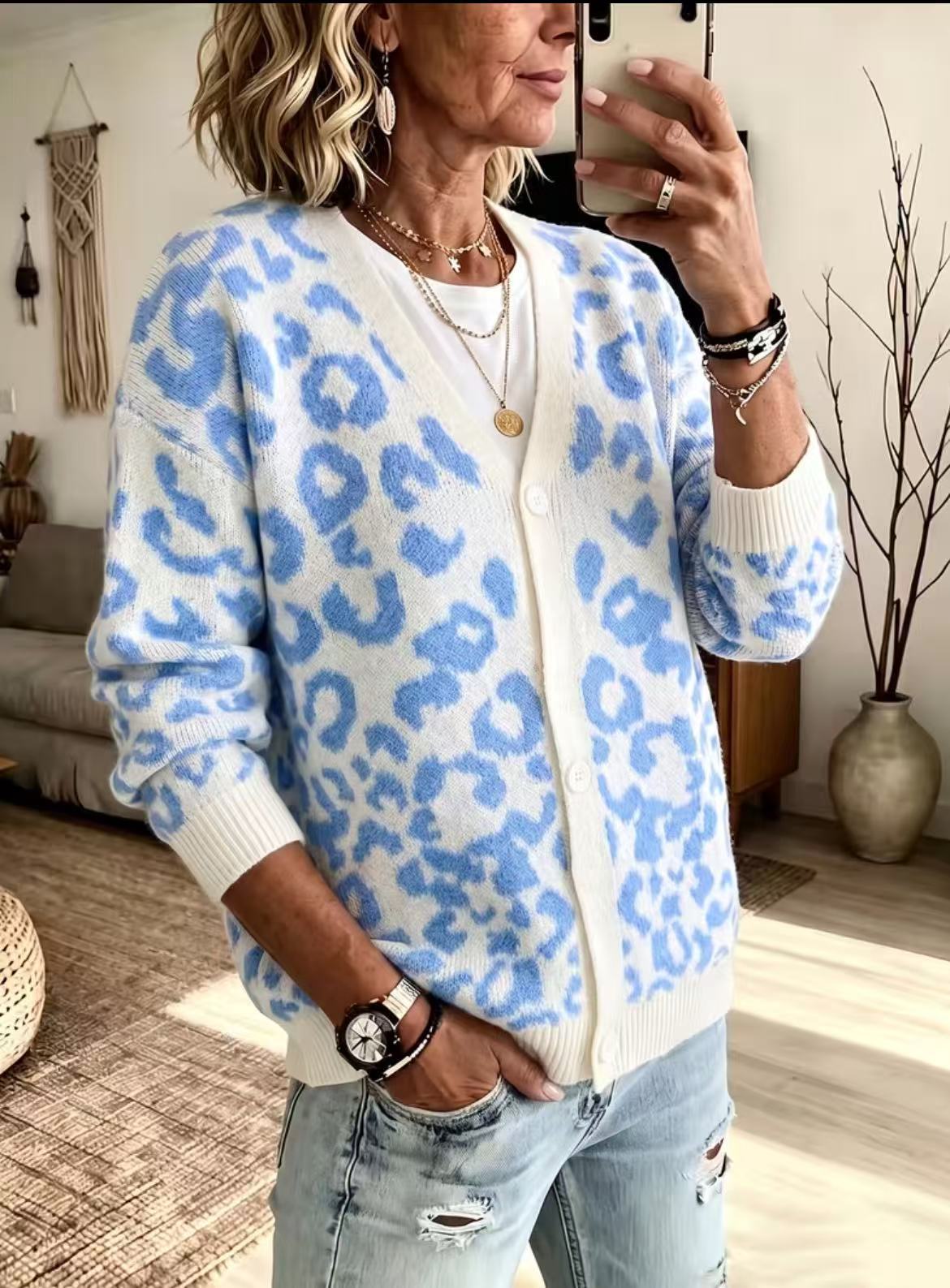 Loose leopard print knit cardigan jacket