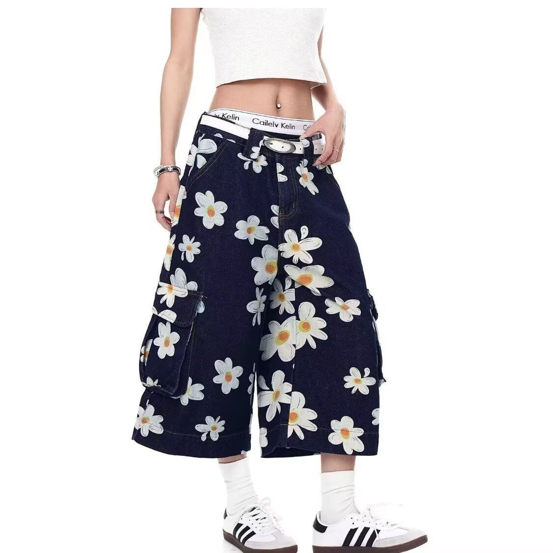 Daisy Print Denim Pants Men Women Loose Seven-Eighth Pants