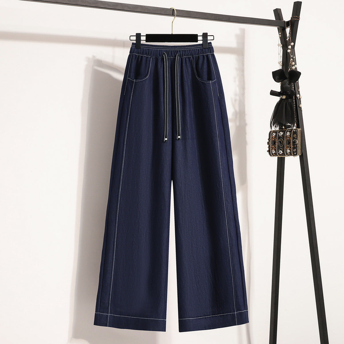 Linen-like Rayon Wide Leg Pants for Women, High Waist, Straight Leg, Color-Blocked Topstitching, Flowy and Lightweight Tencel Trousers