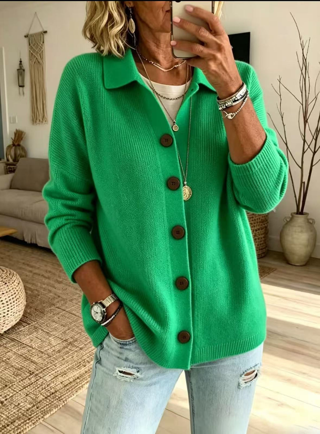 Button knit lapel sweater cardigan jacket