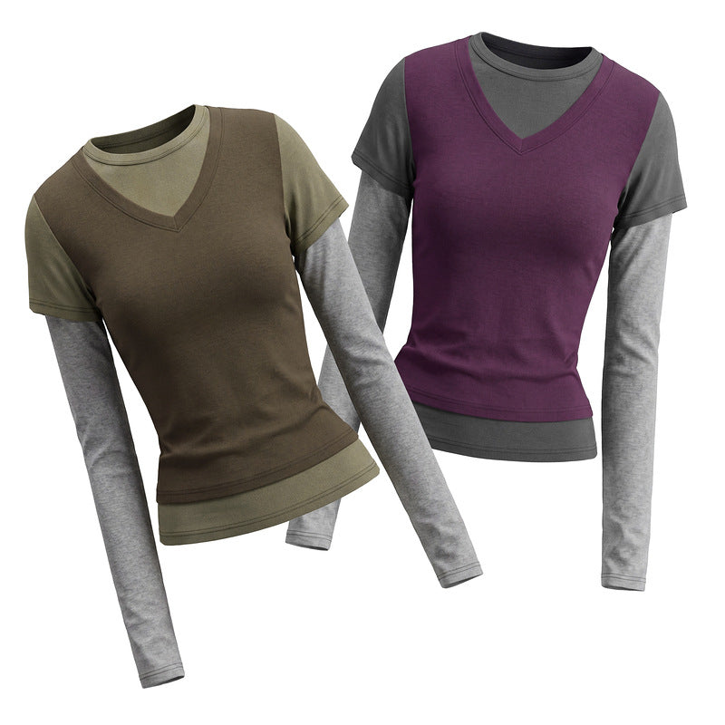 Color blocking fake two long sleeved T-shirts for women with V-neck stitching