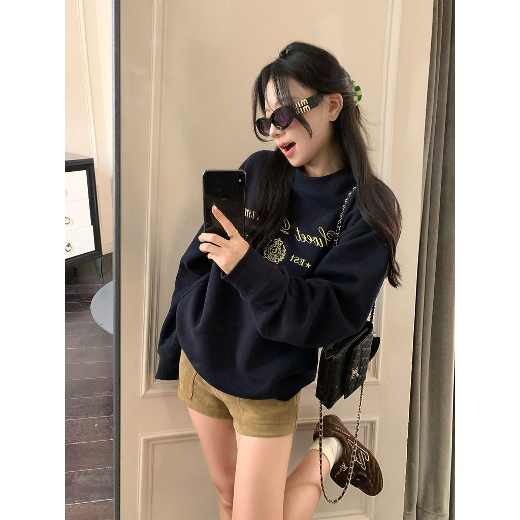 Round neck long sleeved hoodie, women's style loose letter print