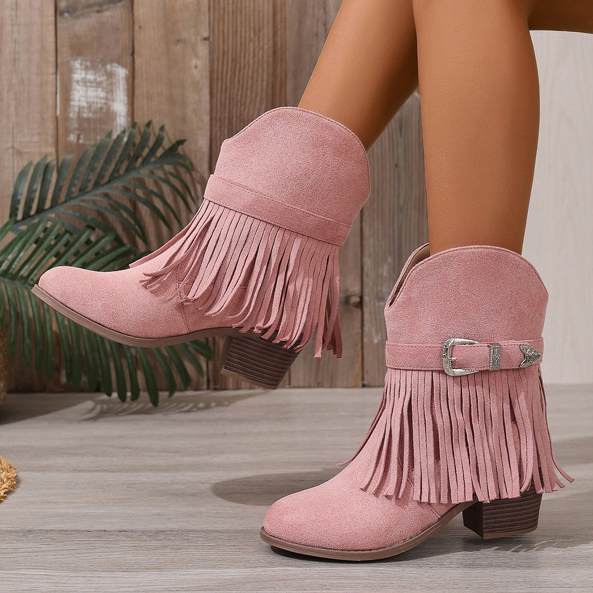 Western Style Fringe Ankle Boots for Women, Chunky Heel, Thick Sole, Belt Buckle, Leather Boots, Summer Fashion, Slip-On Design