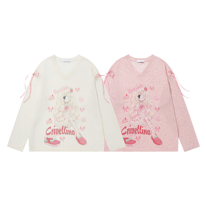 Cartoon Girl V-neck Hoodie Long sleeved T-shirt Female