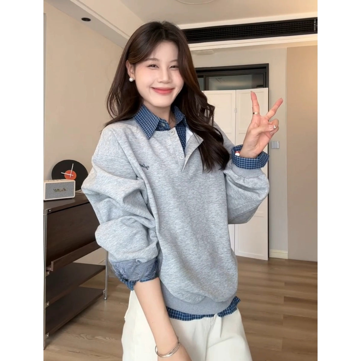 Women's  Casual Gray Long Sleeve Loose Fit Patchwork Spliced Fake Two-Piece Sweatshirt