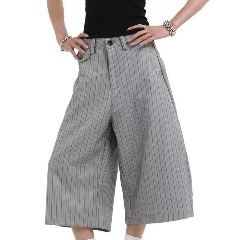 Gray Suit Shorts for Men, Retro Loose Casual Striped Seven-Quarter Pants