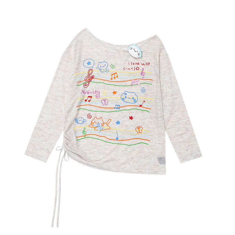 Printed off shoulder long sleeved T-shirt for women