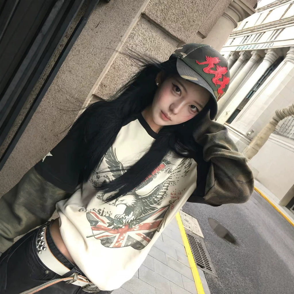 Street Vintage Camo Flag Patchwork Long Sleeve Printed T-Shirt