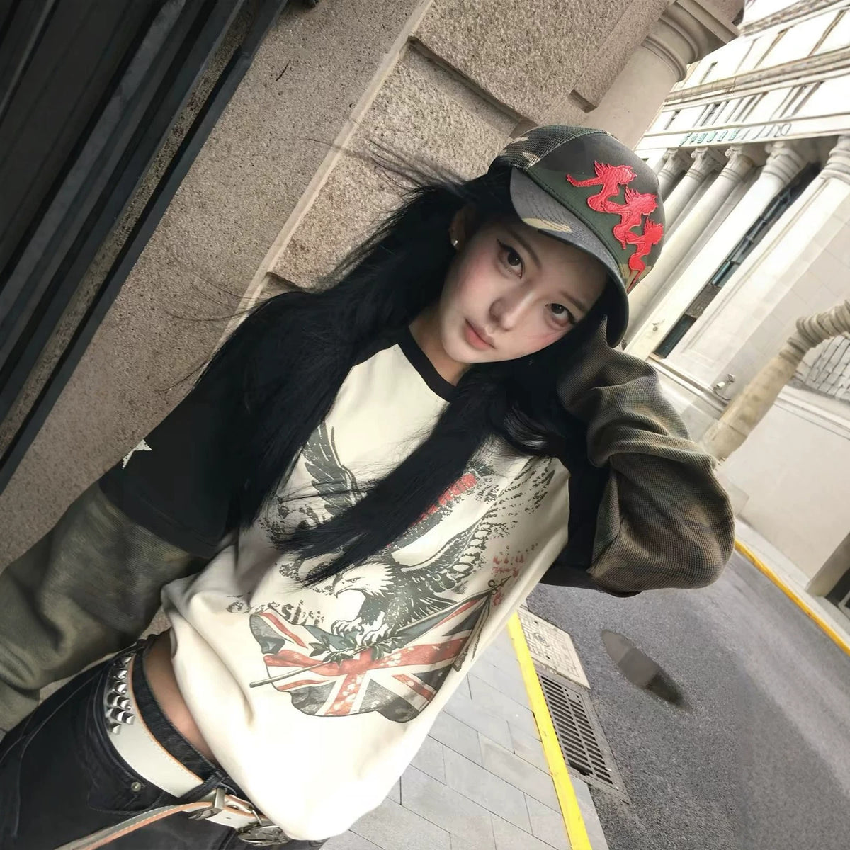 Street Vintage Camo Flag Patchwork Long Sleeve Printed T-Shirt