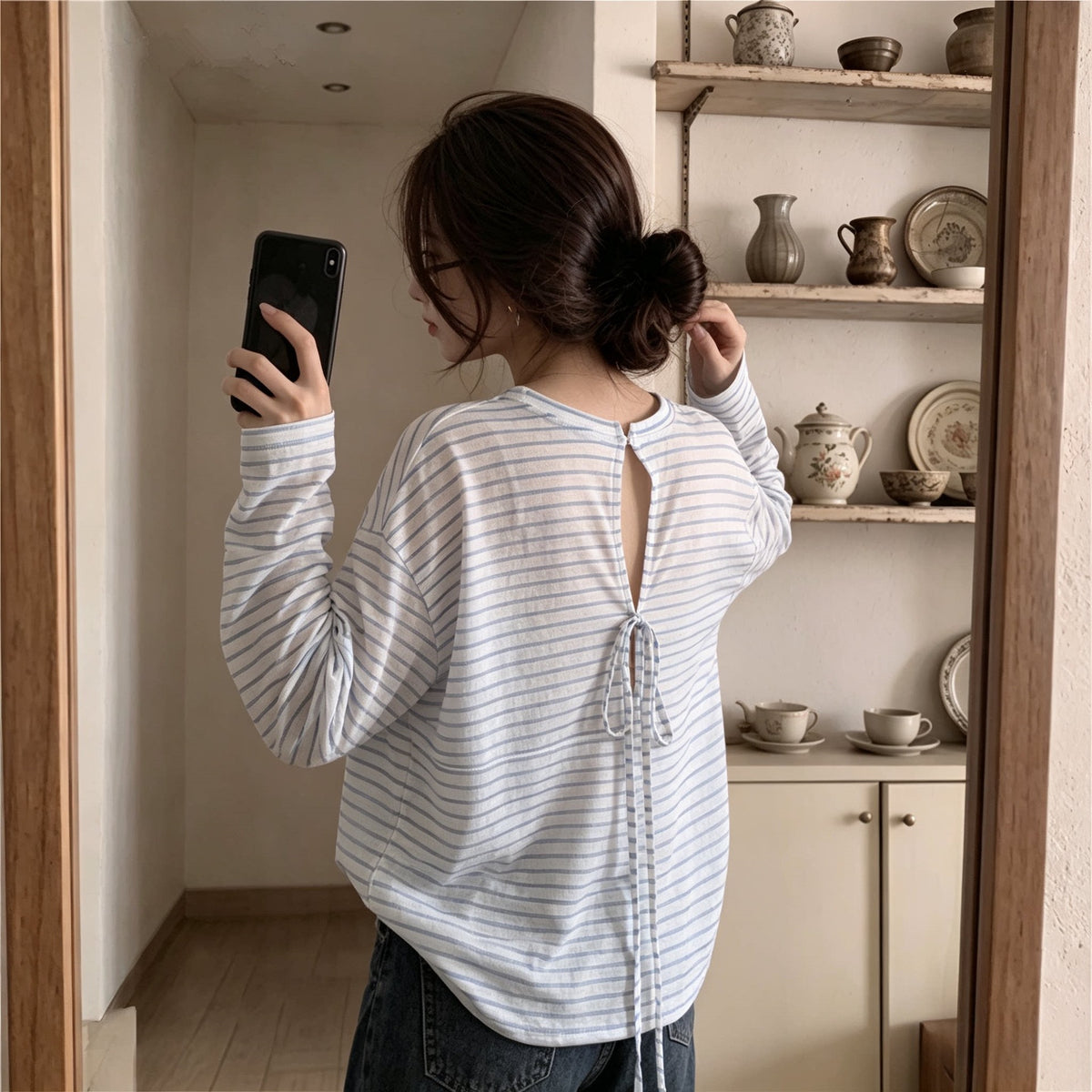 Women's Long Sleeve Striped T-Shirt Loose Fit Hollow Out Lace Up Lightweight Sun Protection Cover Up Top