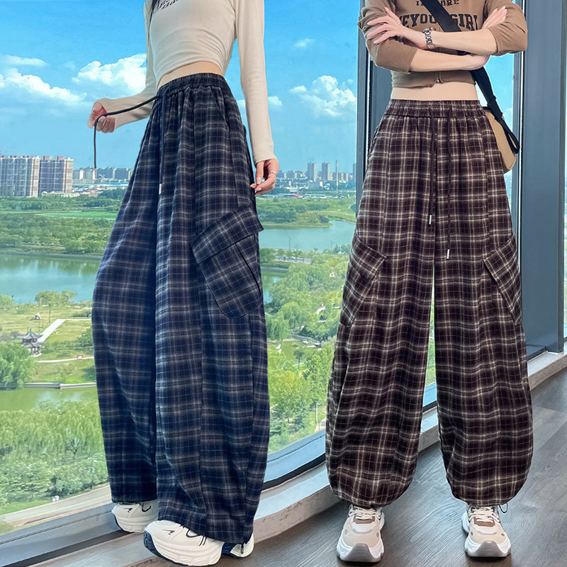 Retro Plaid Wide-Leg Pants for Women, Autumn New Design, High-Waisted, Stylish, Two-Way Wear, Casual Straight Leg Cargo Pants
