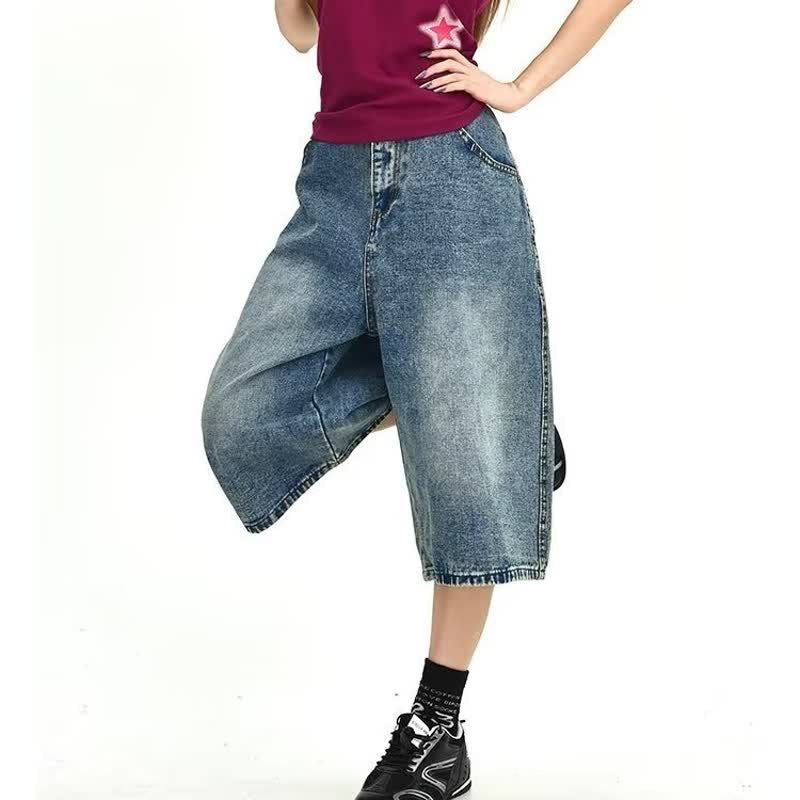 Star Letter Embroidery Denim Capri Pants